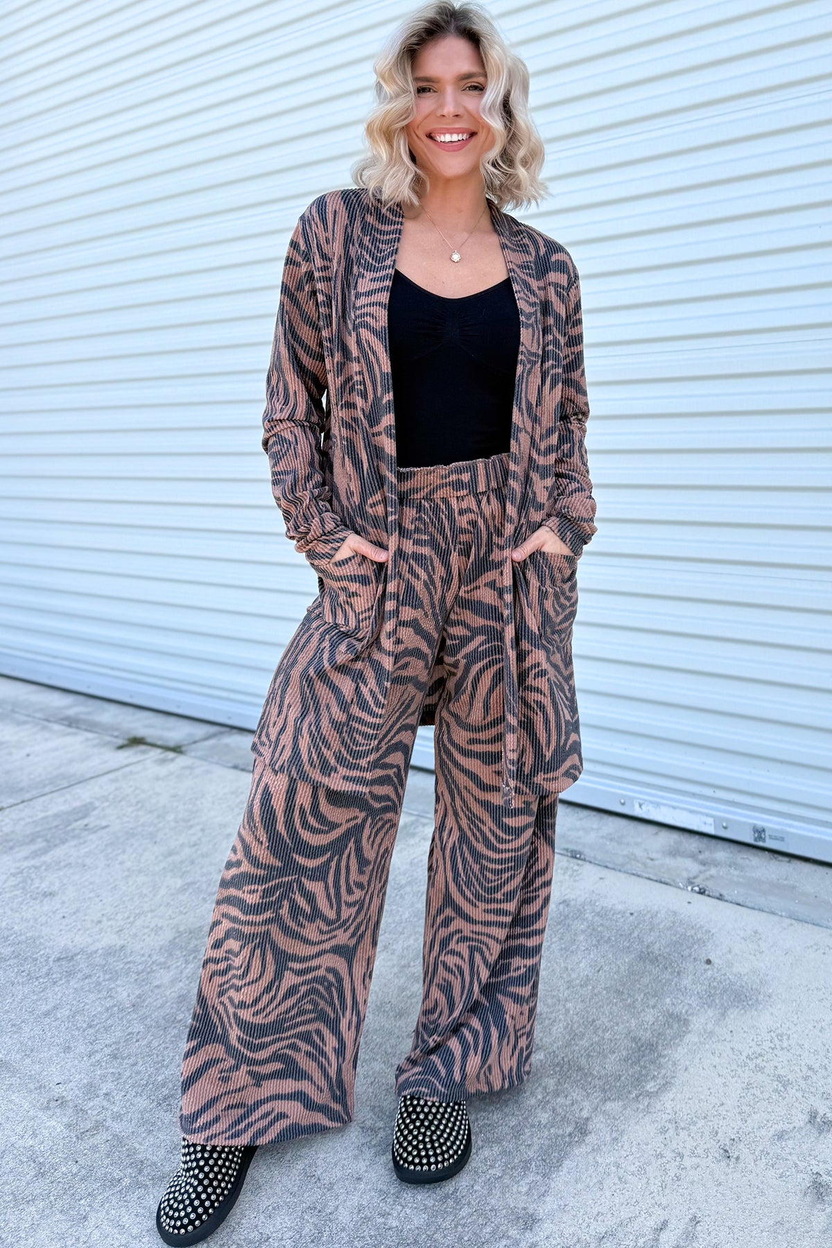 Brown Ribbed Zebra Print Pant Set