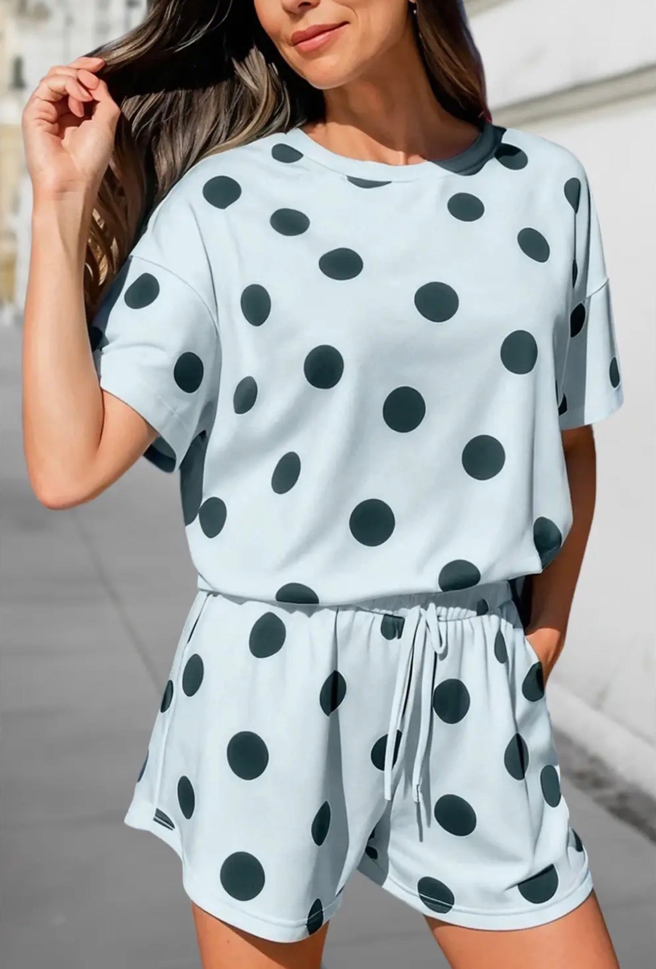 Black Polka Dot Print Loose Tee Drawstring Elastic Waist Short Set
