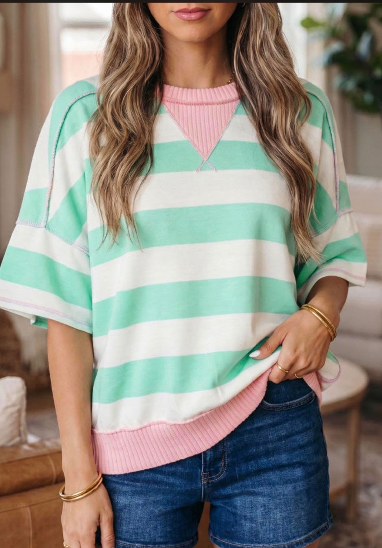 “Mint to be” cabana stripe top