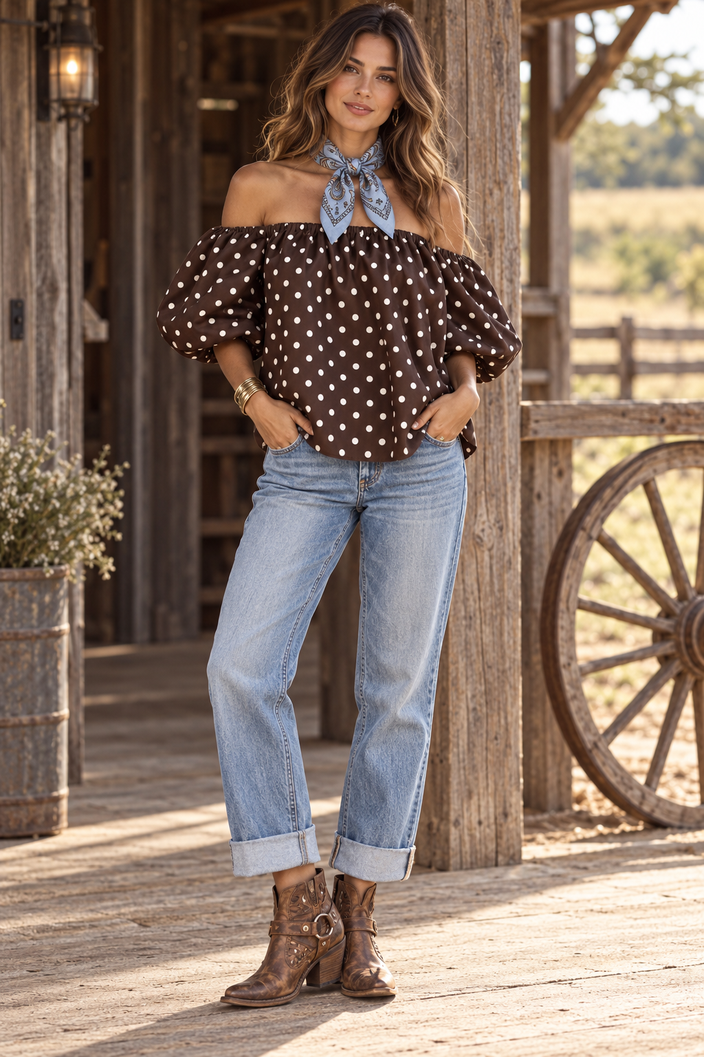 Brown polka dot off shoulder top