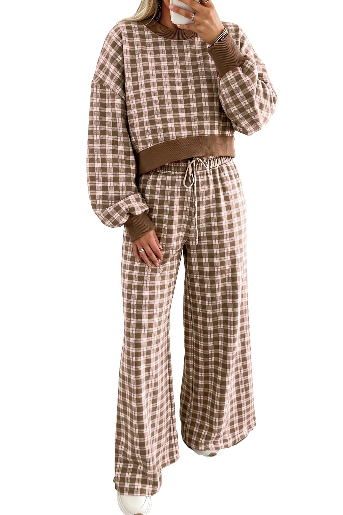 Brown Plaid Two -Piece Set