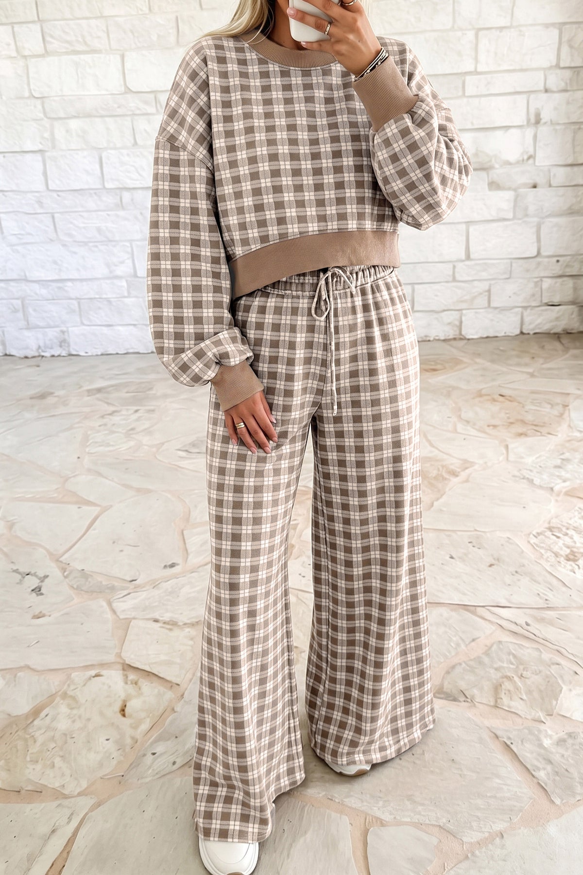 Brown Plaid Two -Piece Set