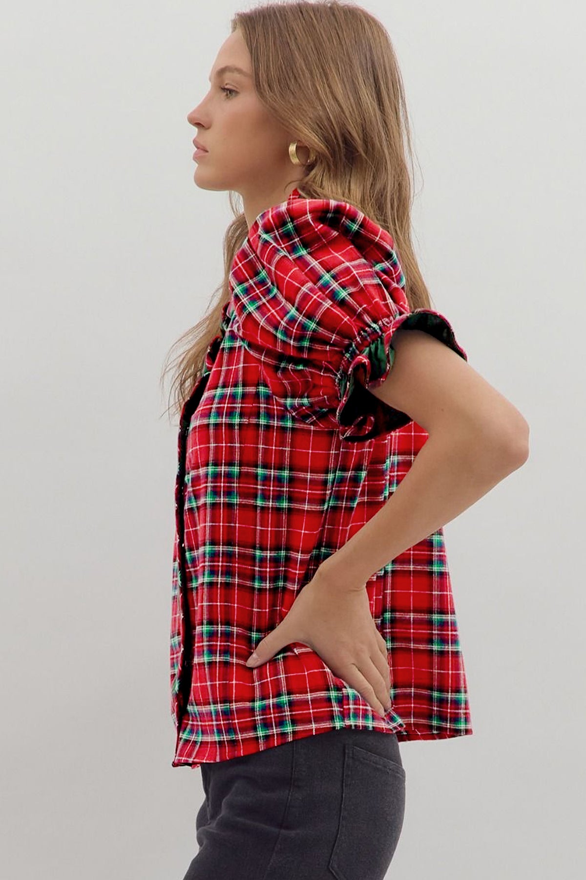 Mistletoe Lane Red Plaid V Neck Ruffle Color Block Trim Short Sleeve Shirt