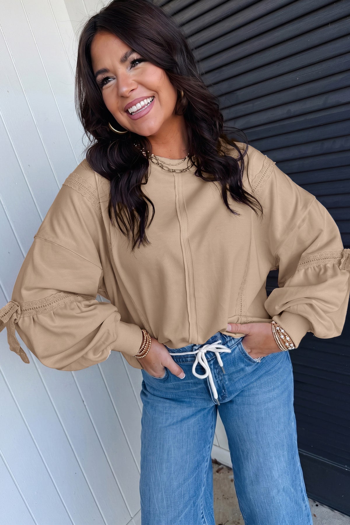 Fiery Red Solid Color Raw Seam Lace Detail Loose Casual Sweatshirt