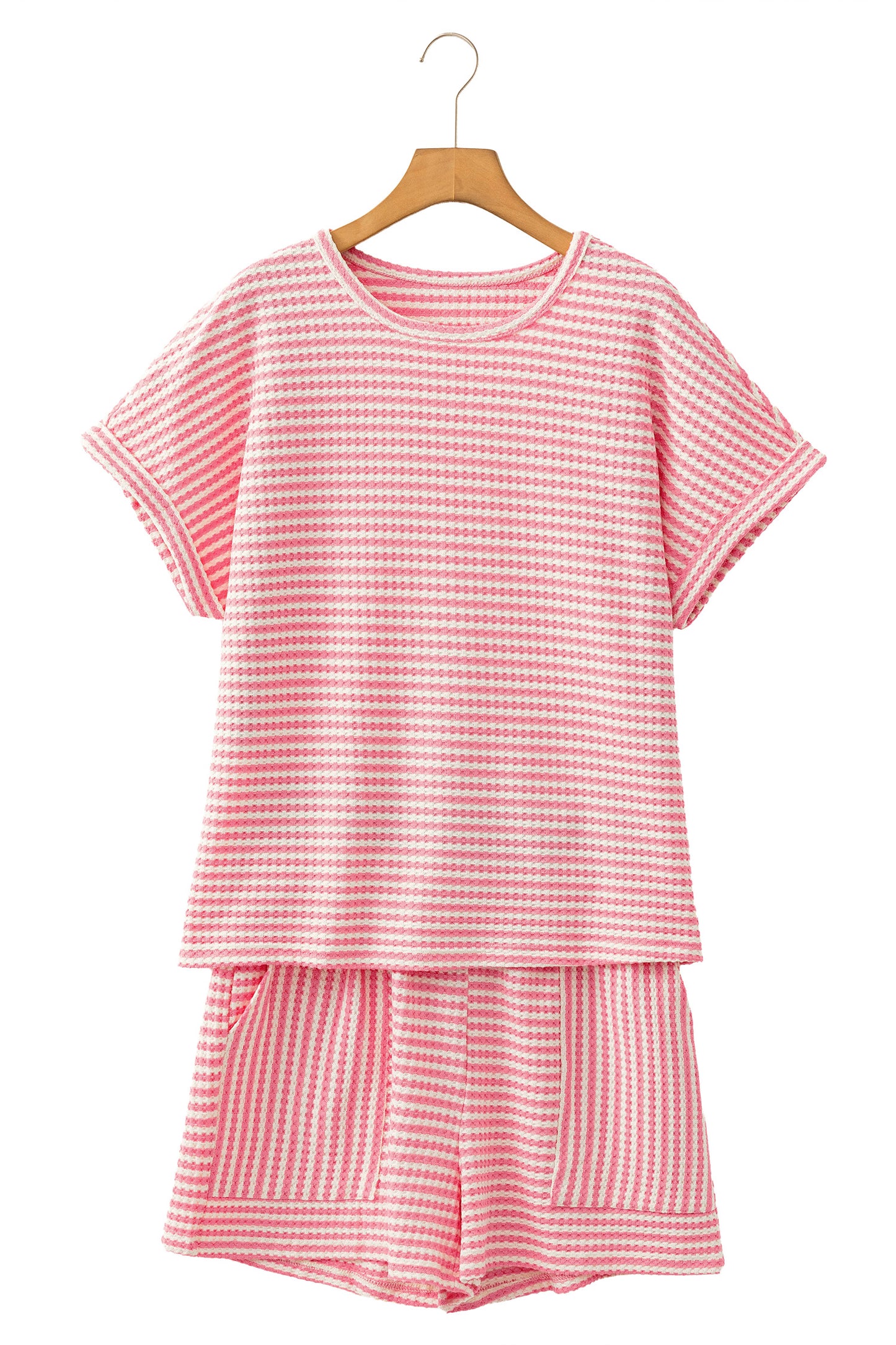 Black Stripe Breathable Textured Knit Short 2pcs Set