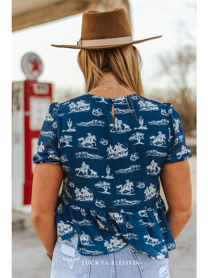 Western Blue Printed Embroidered Puff Sleeve Top