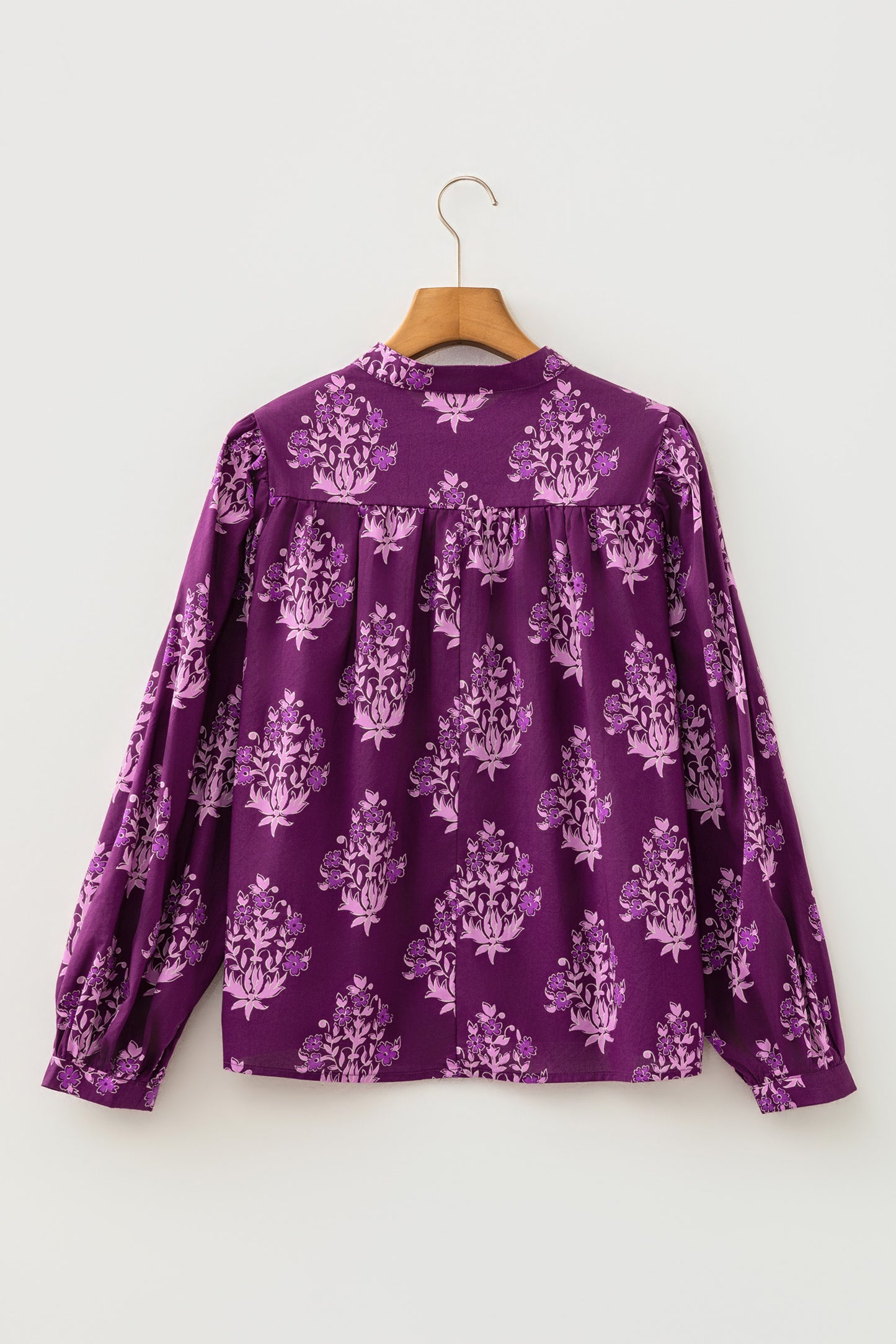 Purple Floral Print Button Front Long Puff Sleeve Shirt