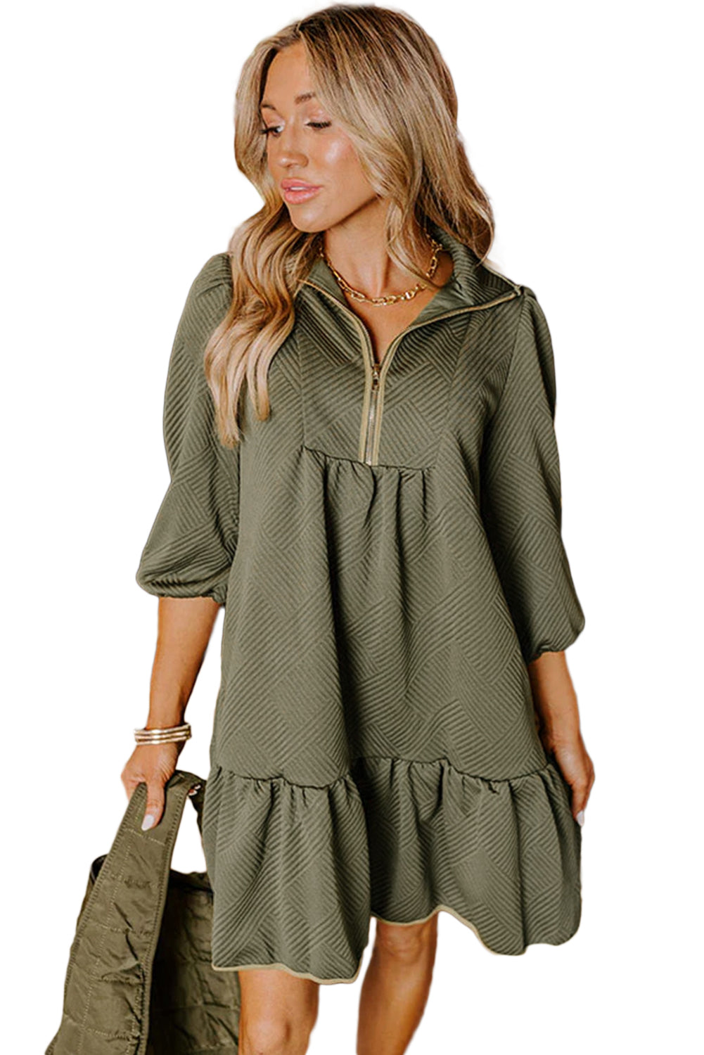 Jungle Green  Quarter Zip Collar Bracelet Sleeve Textured Mini Dress