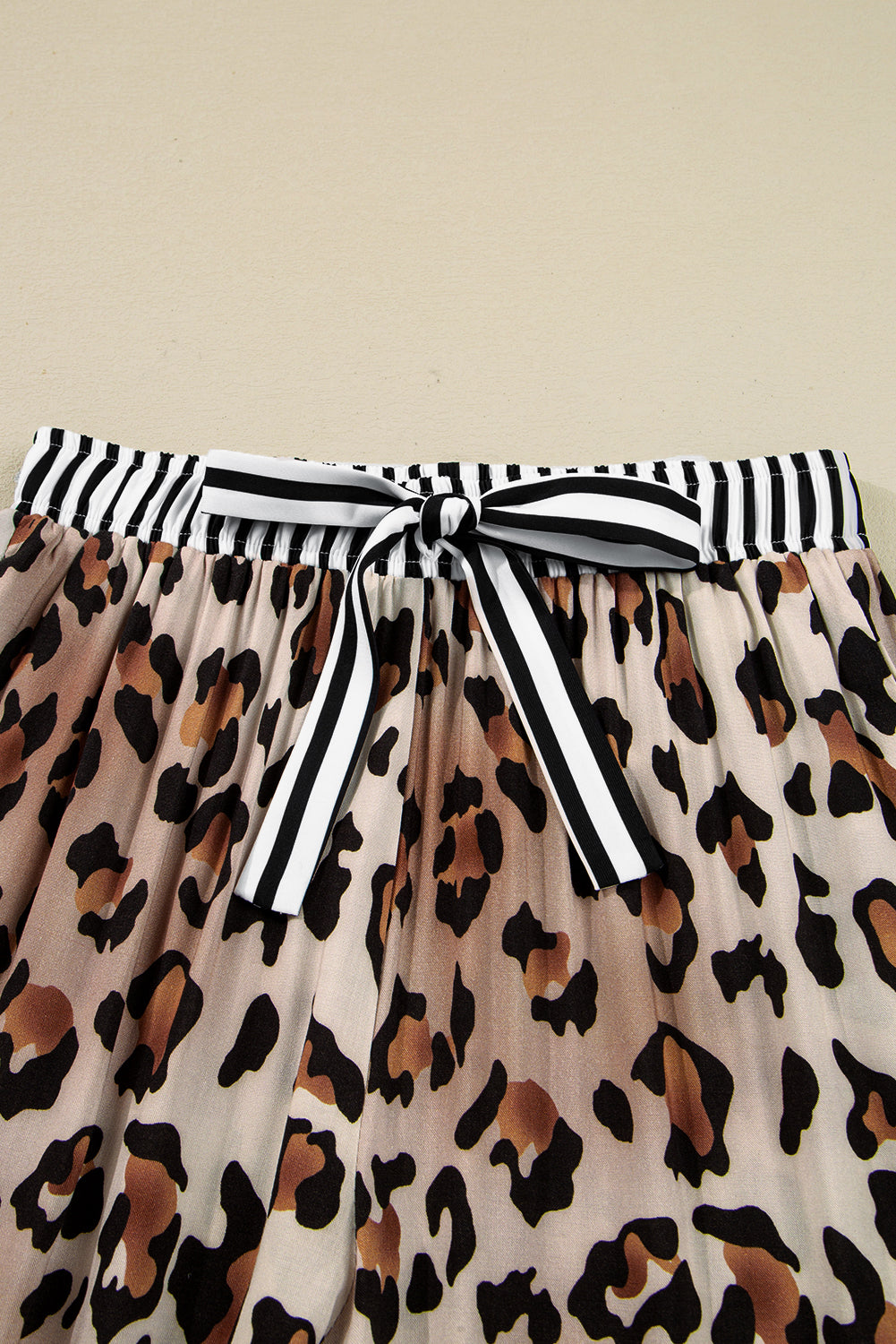 Khaki Leopard Print Colorblock Striped Patchwork Shirt and Pants Pajama Set