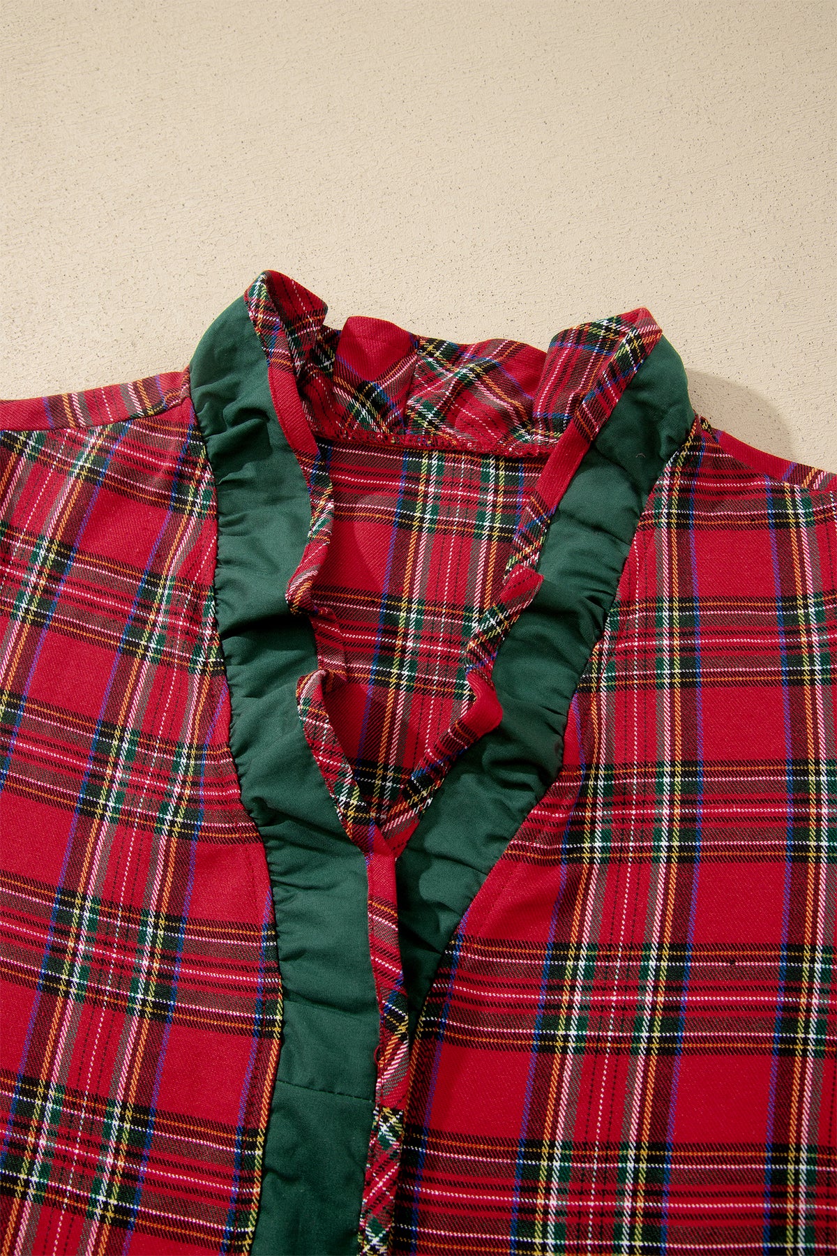 Mistletoe Lane Red Plaid V Neck Ruffle Color Block Trim Short Sleeve Shirt
