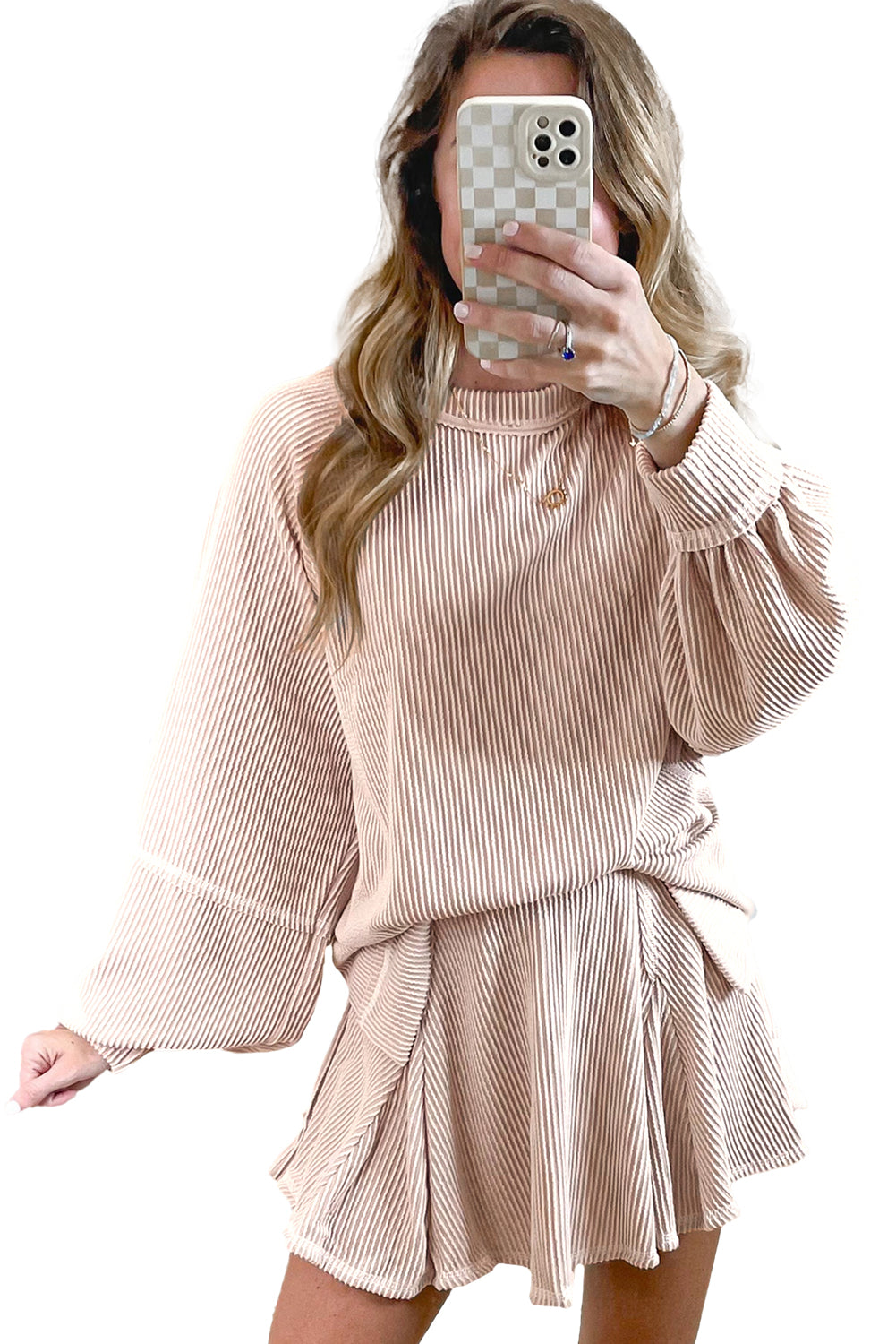 Mist Green Corded Bishop Sleeve Pullover and Ruffle Mini Skirt Set