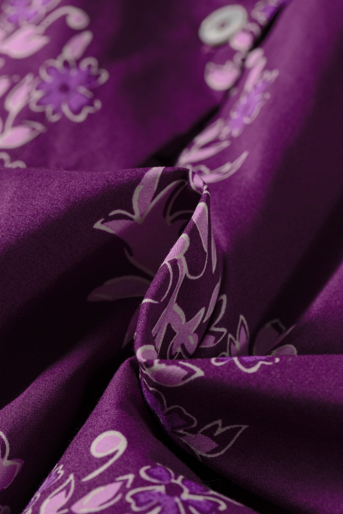 Purple Floral Print Button Front Long Puff Sleeve Shirt