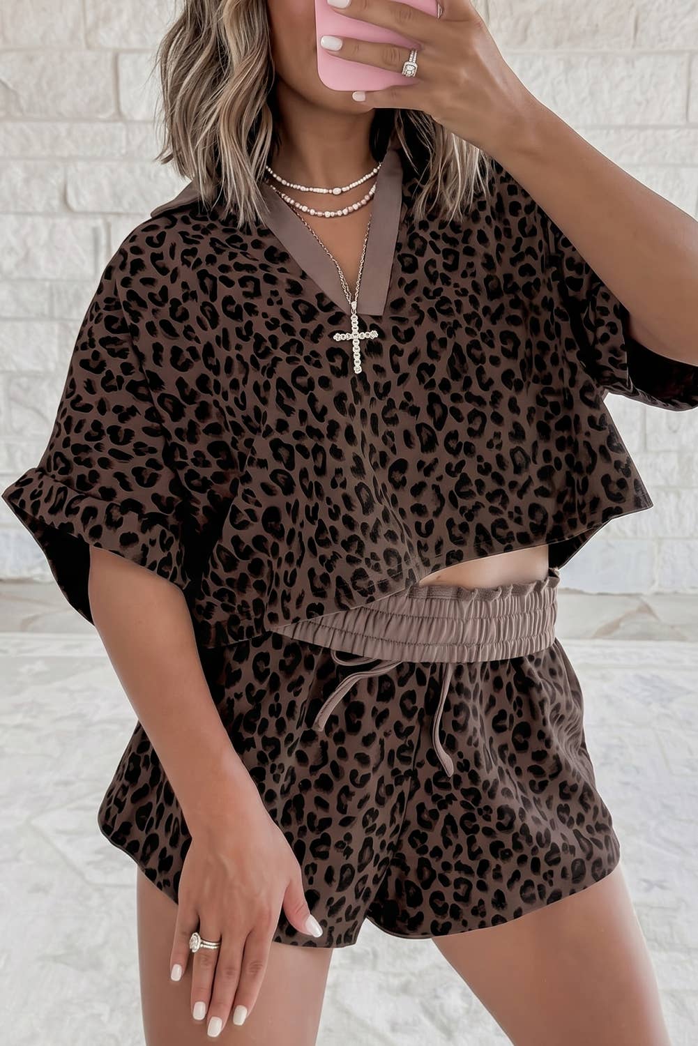 V Neck Collar Patchwork Leopard Western 2pcs Short Set: Brown / XL