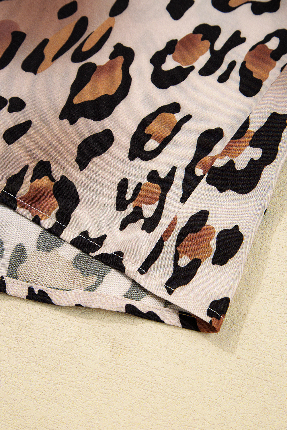 Khaki Leopard Print Colorblock Striped Patchwork Shirt and Pants Pajama Set