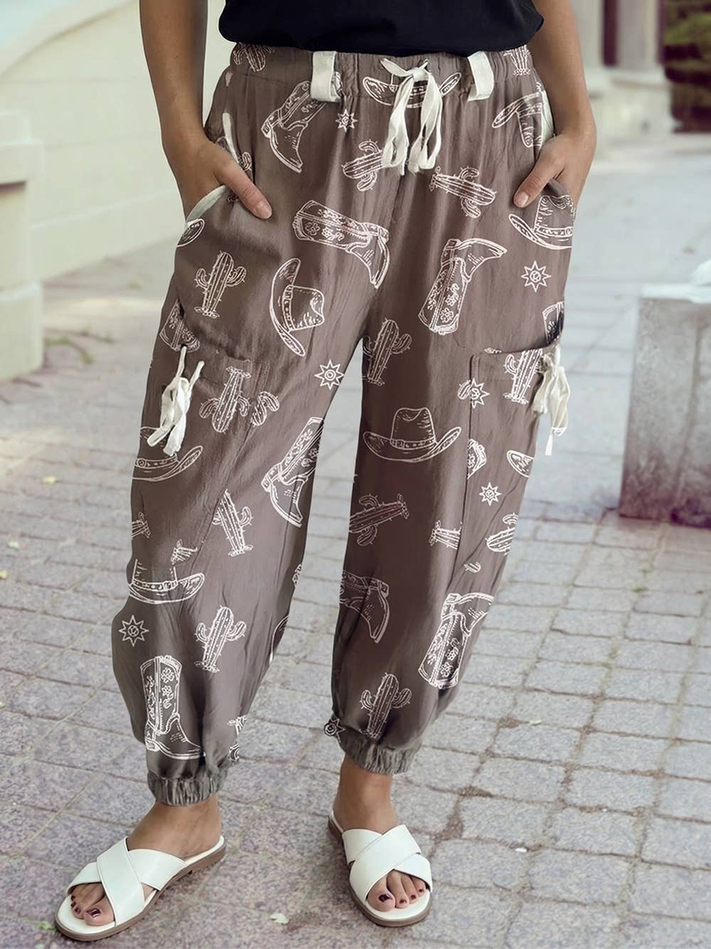Cowgirl Hat Boot Printed Vintage Drawstring Jogger Pants: Khaki / S