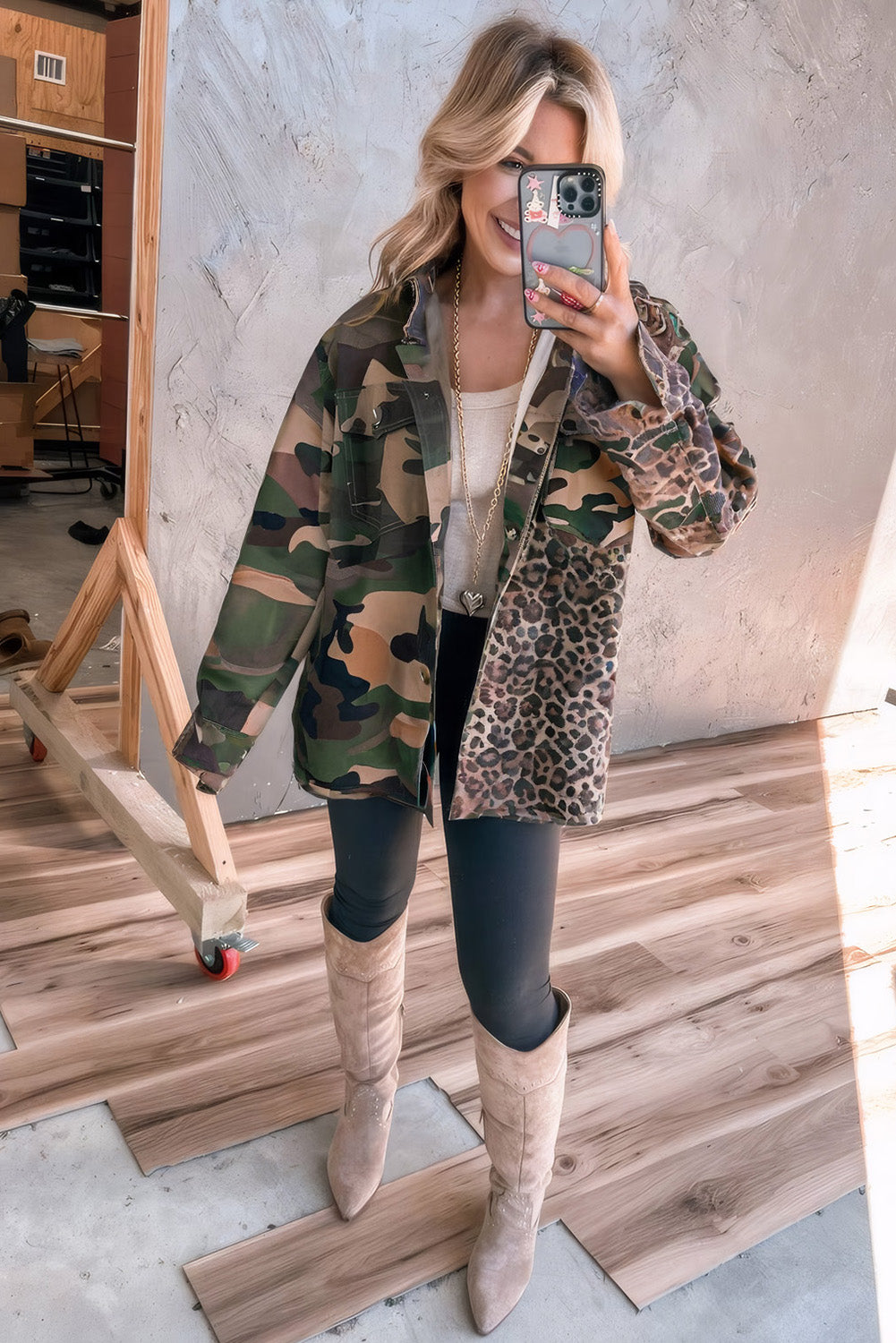 Brown Leopard Camouflage Patchwork Oversized Shacket