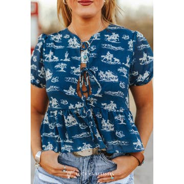 Western Blue Printed Embroidered Puff Sleeve Top