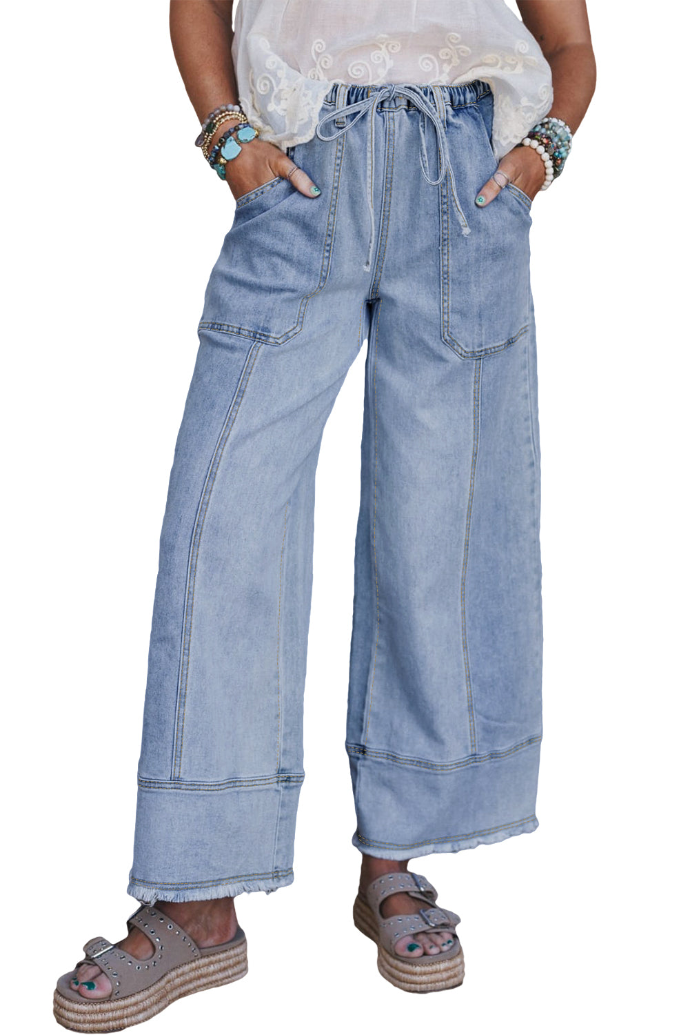 Beau Blue Drawstring Seam Detail Raw Hem Wide Leg Jeans