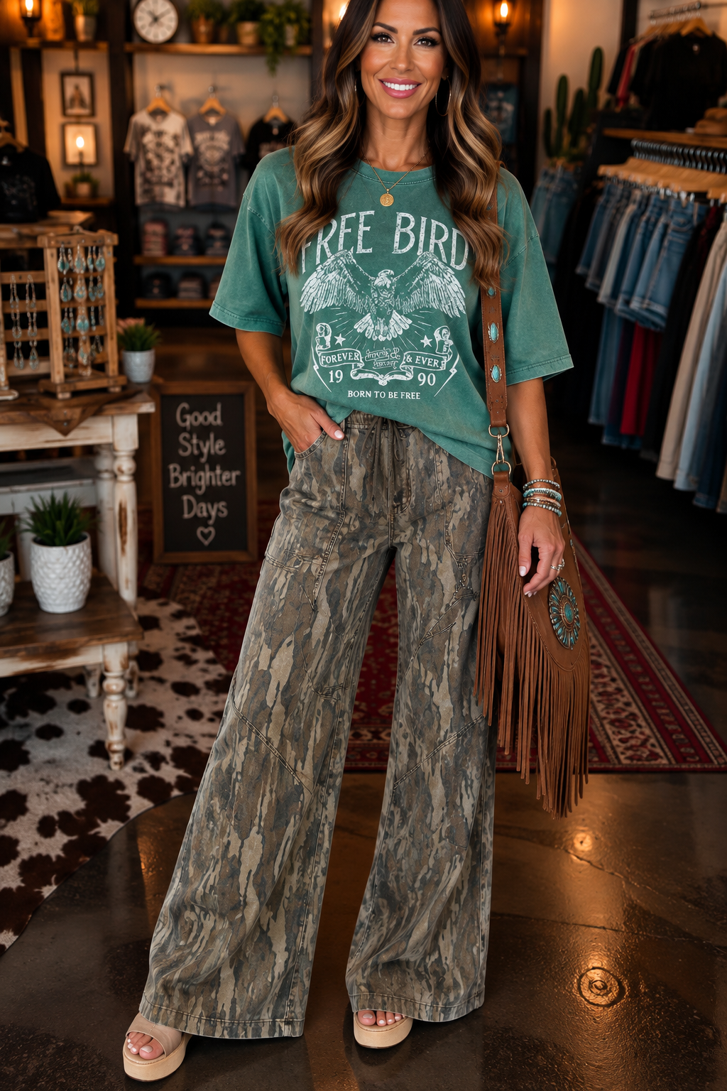 Free Bird graphic tee- GREEN/PINK/TAUPE/CREAM options