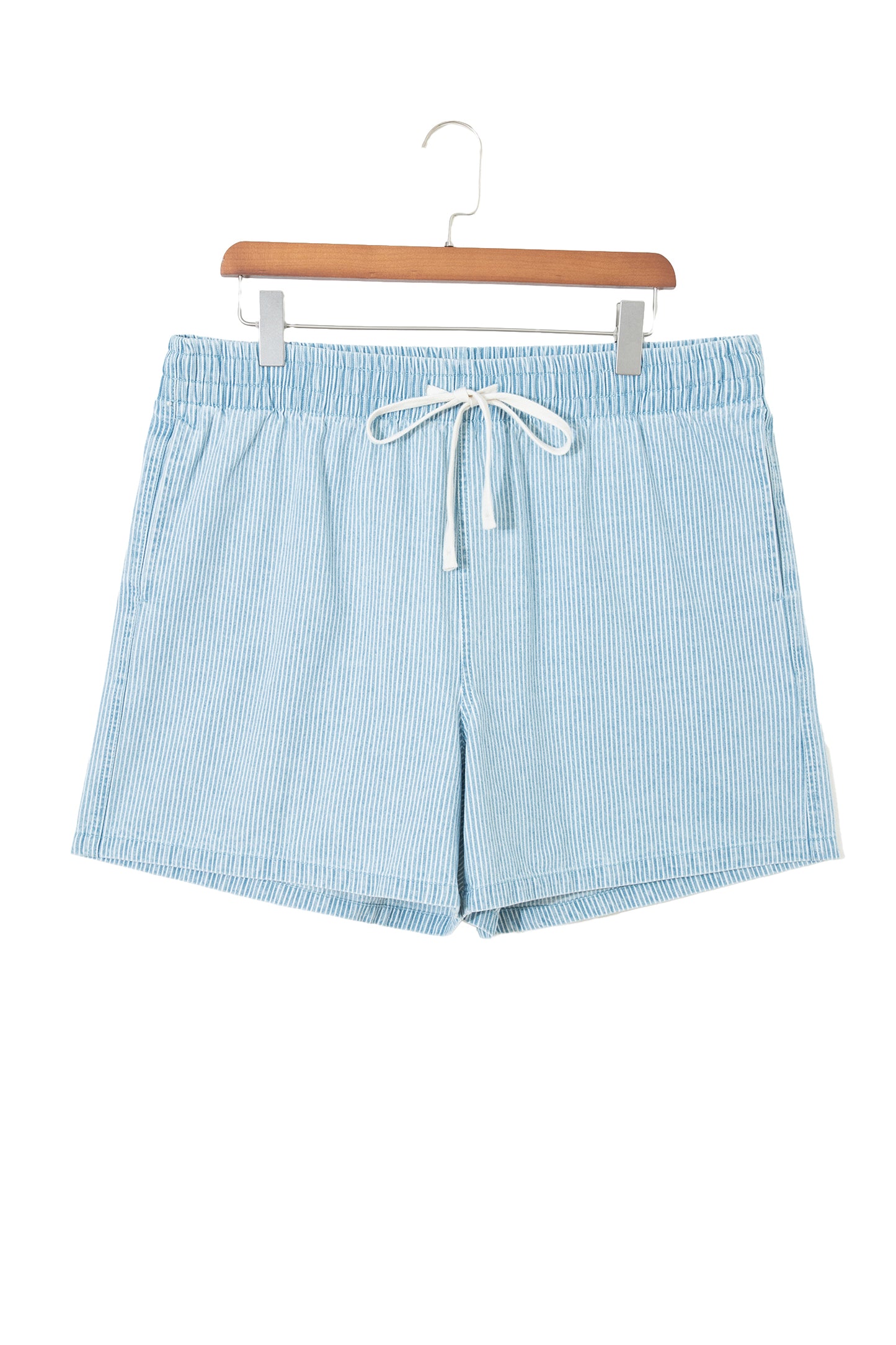 Blue Stripe Plus Size Contrast Drawstring Elastic Waist Denim Shorts