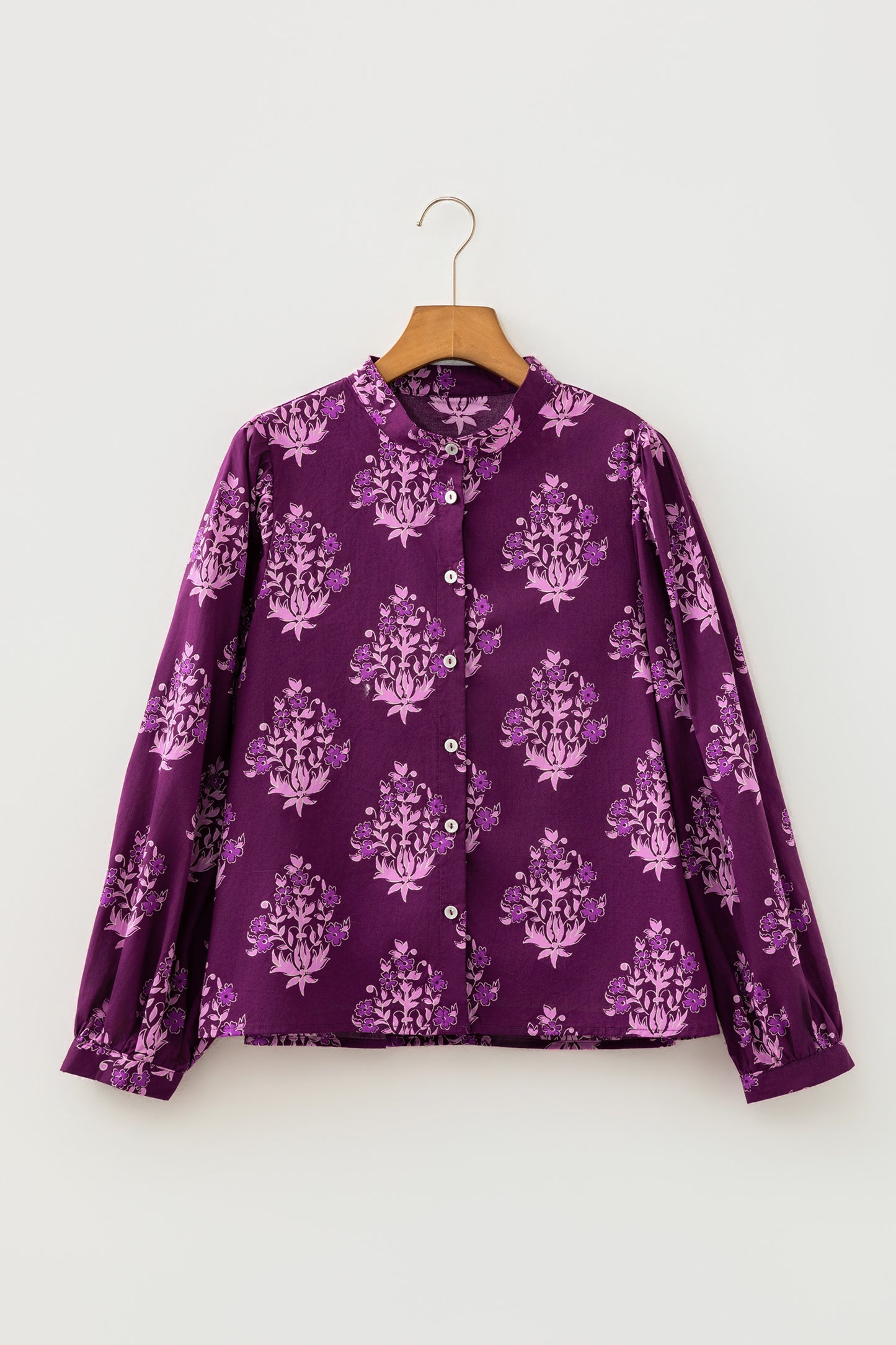 Purple Floral Print Button Front Long Puff Sleeve Shirt