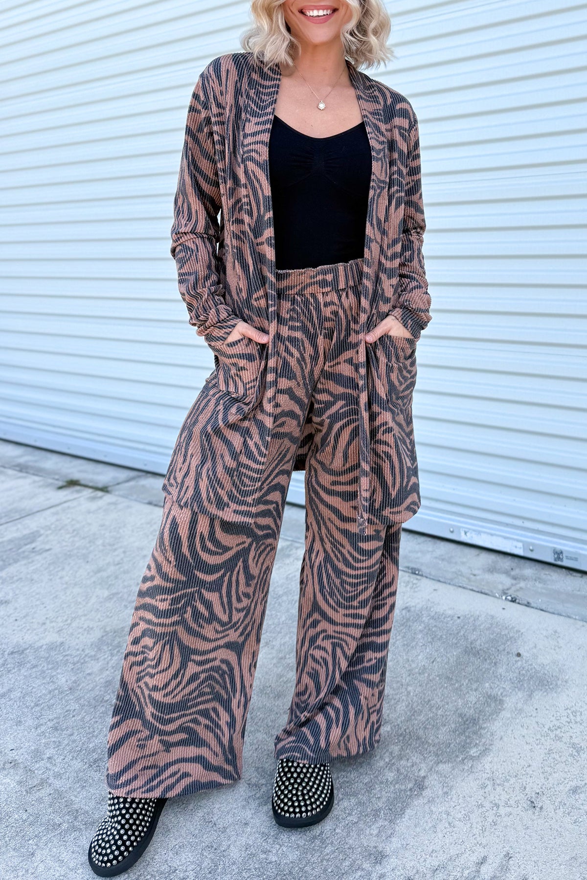 Brown Ribbed Zebra Print Pant Set