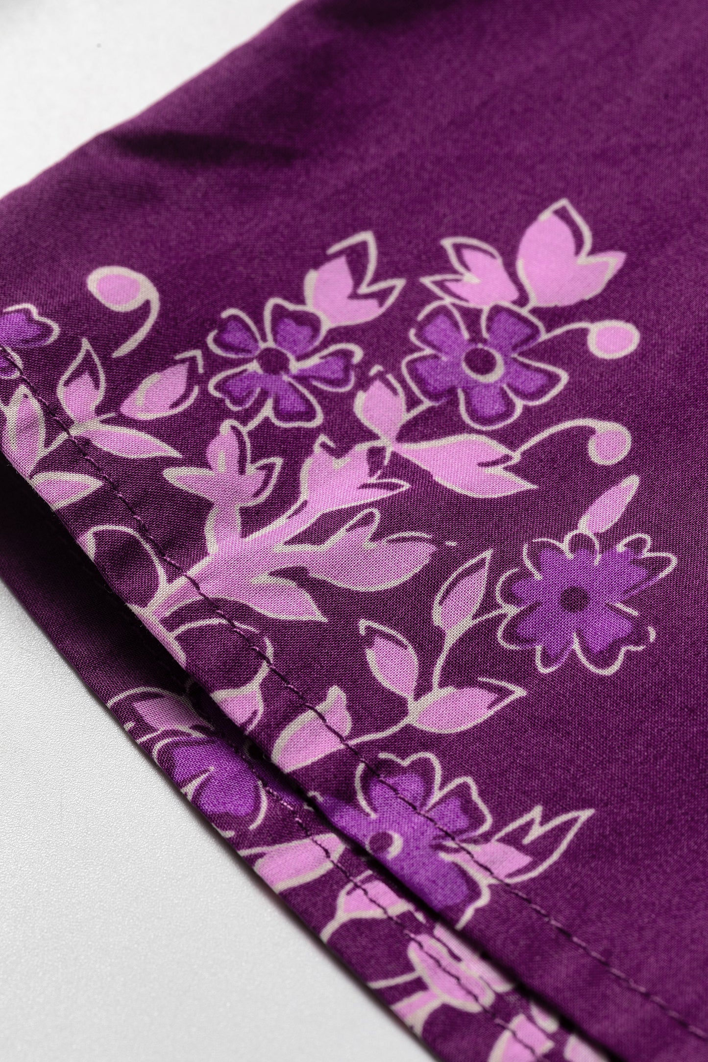 Purple Floral Print Button Front Long Puff Sleeve Shirt