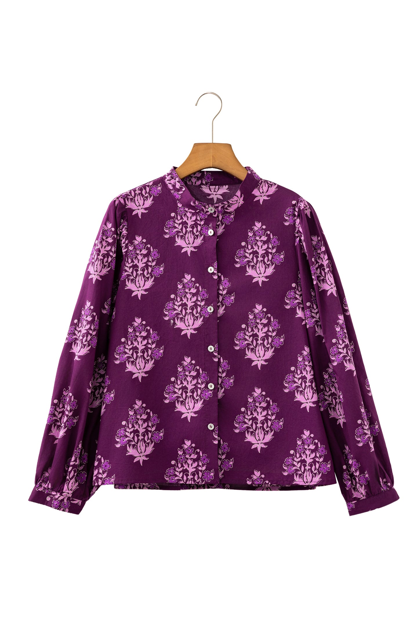 Purple Floral Print Button Front Long Puff Sleeve Shirt