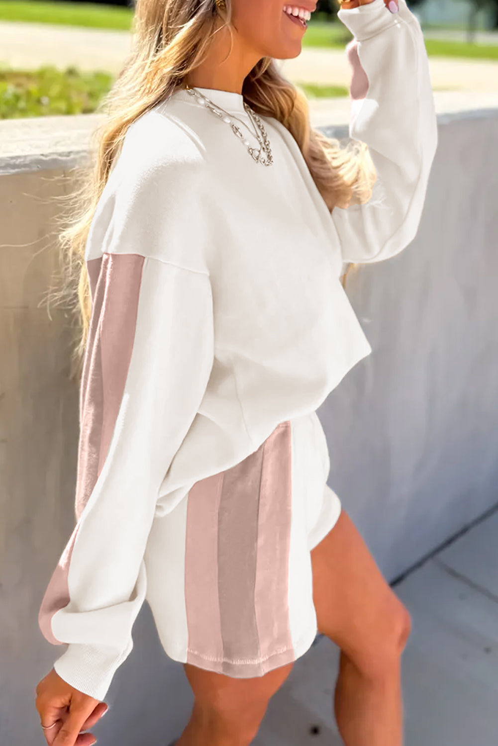 White Colorblock Patchwork Drop Shoulder Pullover Casual Shorts Outfit