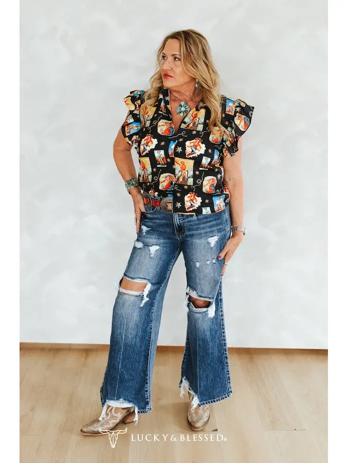 Mid Wash Distressed Mid Rise Wide Leg Frayed Jeans 30in
