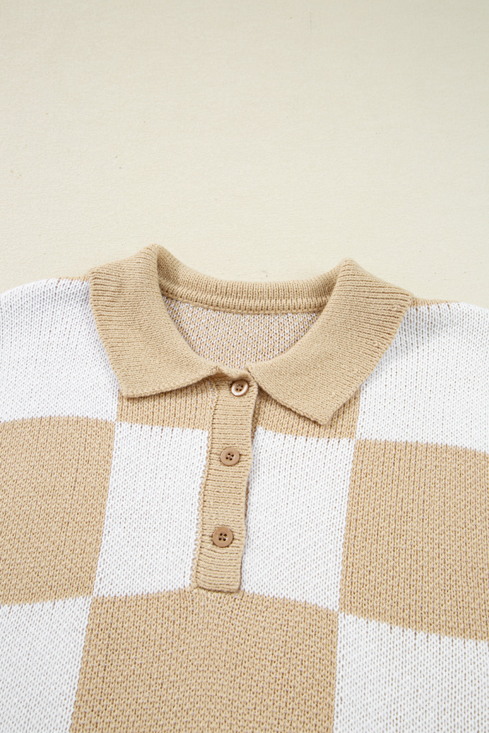 Mist Green Checkered V-Neck Collared Pullover Sweater