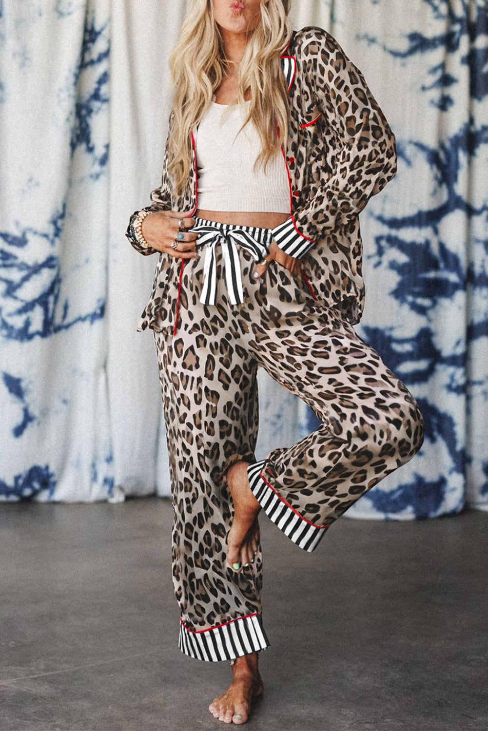 Khaki Leopard Print Colorblock Striped Patchwork Shirt and Pants Pajama Set