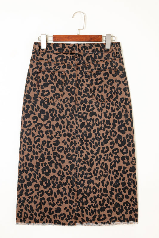 Brown Leopard Frayed Split Denim Midi Skirt