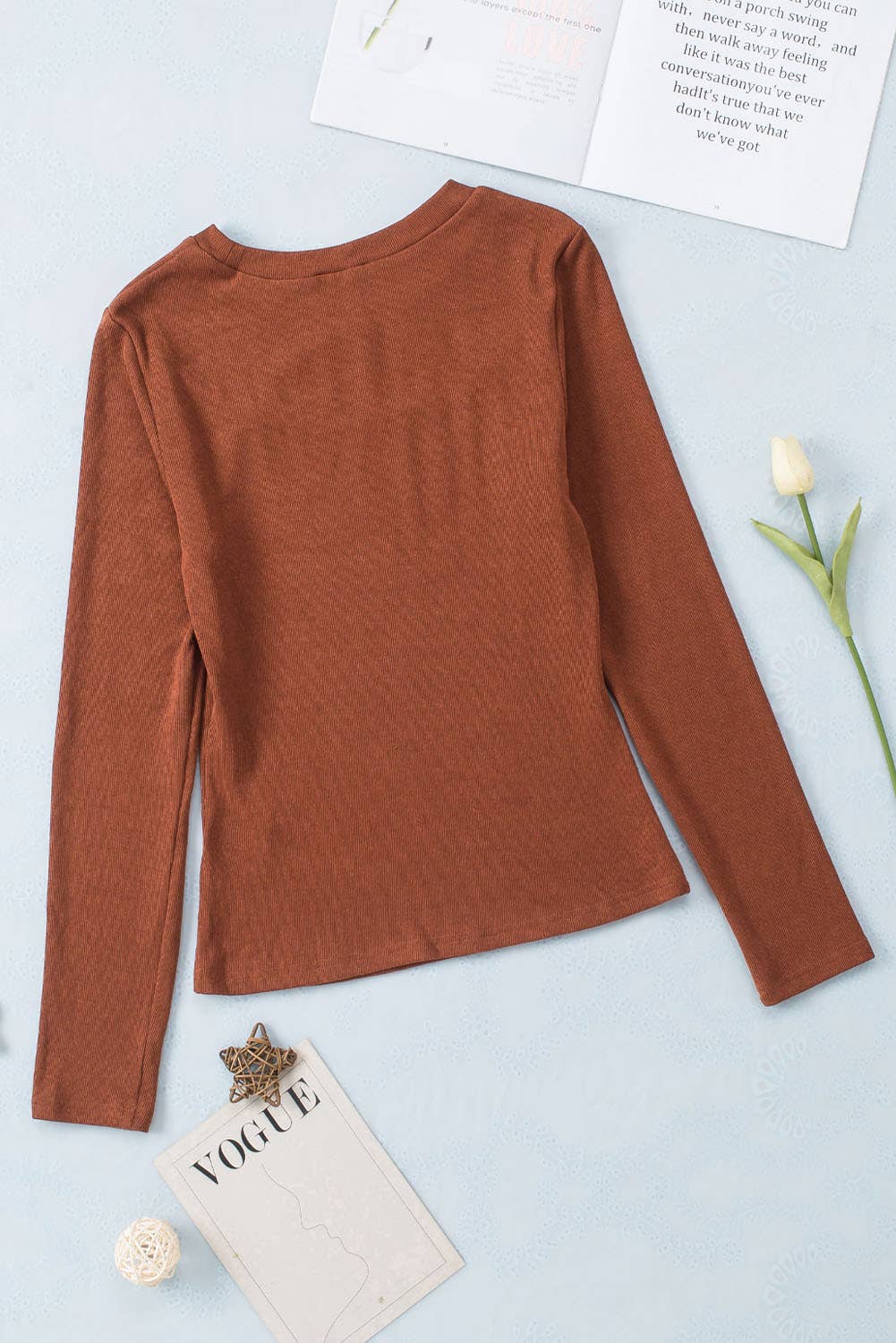 Ribbed Peekaboo Cutout Long Sleeve Top: Brown / 70%Polyester+25%Cotton+5%Elastane / XL