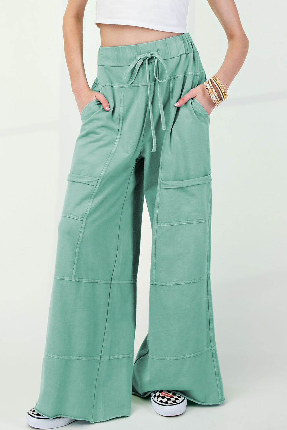 Black Mineral Wash Exposed Seam Wide Leg Cargo Pants