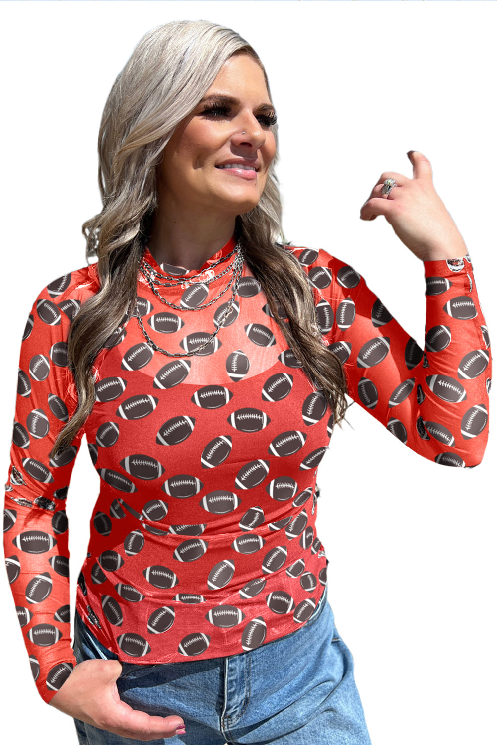 Black Game Day Football Mesh Sheer Long Sleeve Top