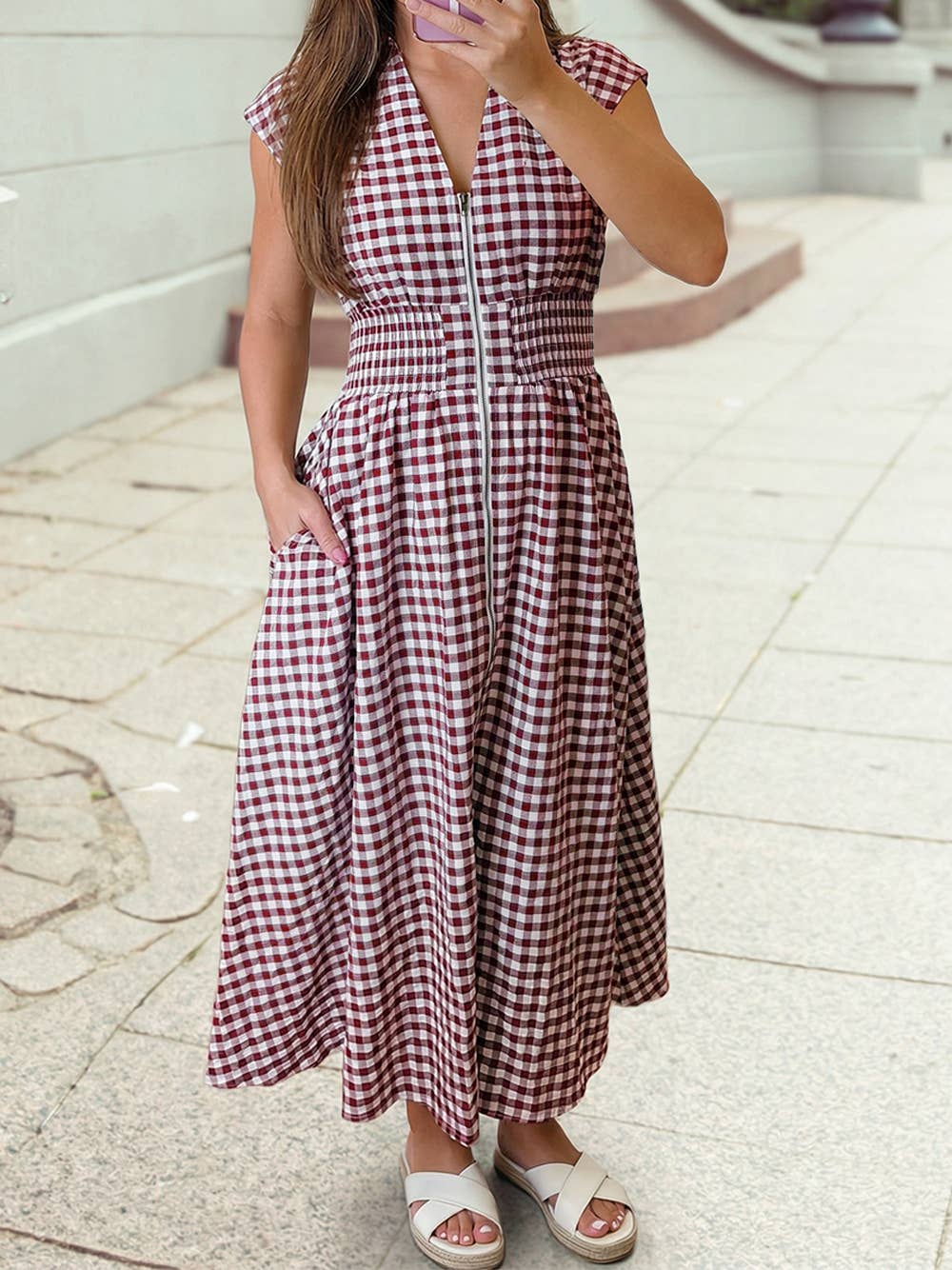 Full Zipper Gingham Waist Fit Flare Sleeveless Maxi Dress: Coffee / M