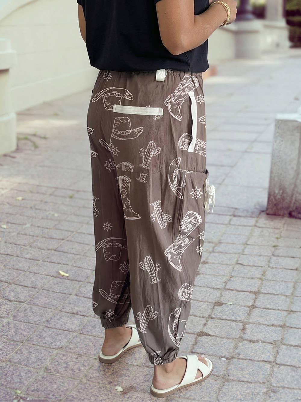 Cowgirl Hat Boot Printed Vintage Drawstring Jogger Pants: Khaki / S