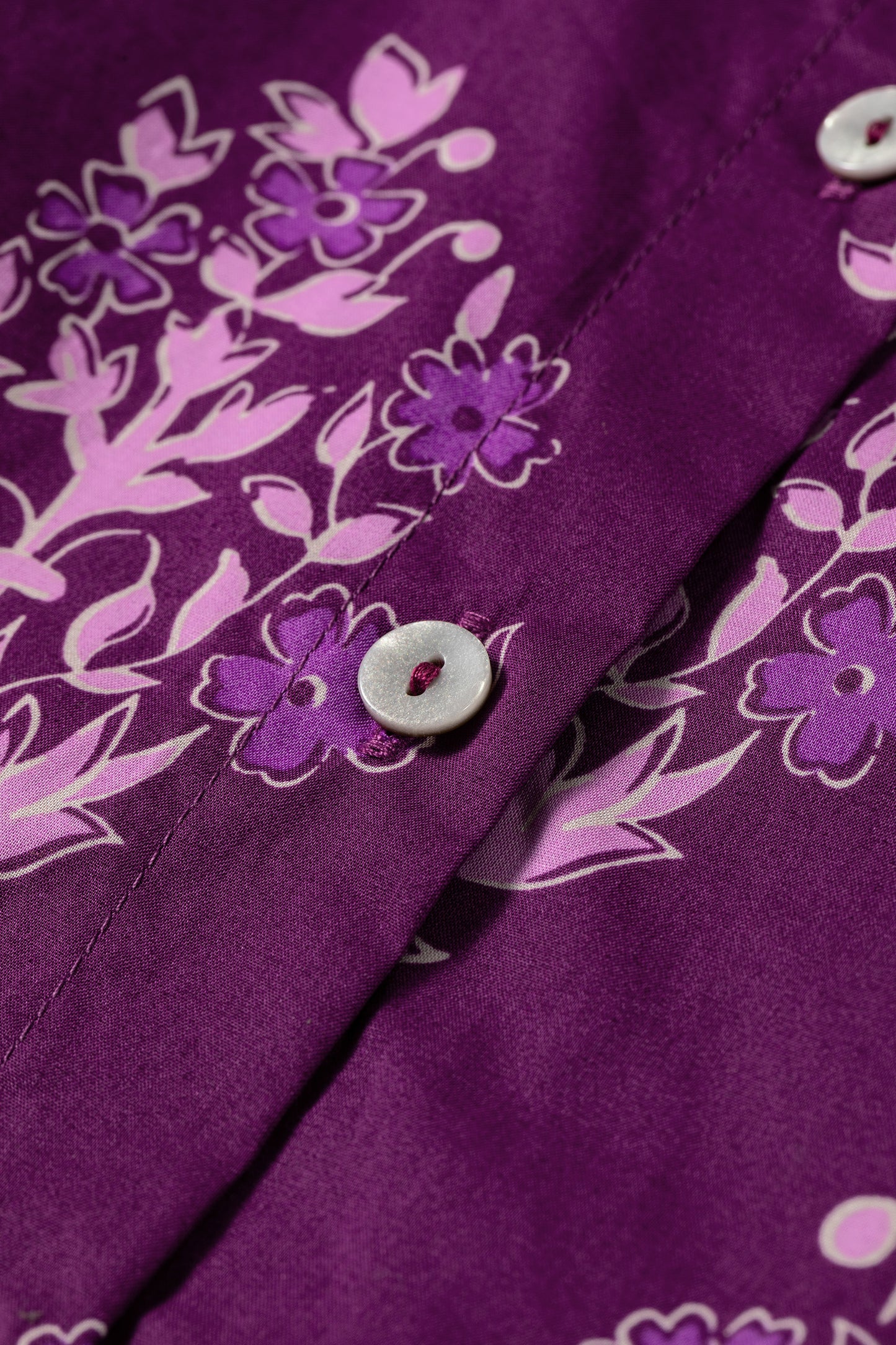 Purple Floral Print Button Front Long Puff Sleeve Shirt