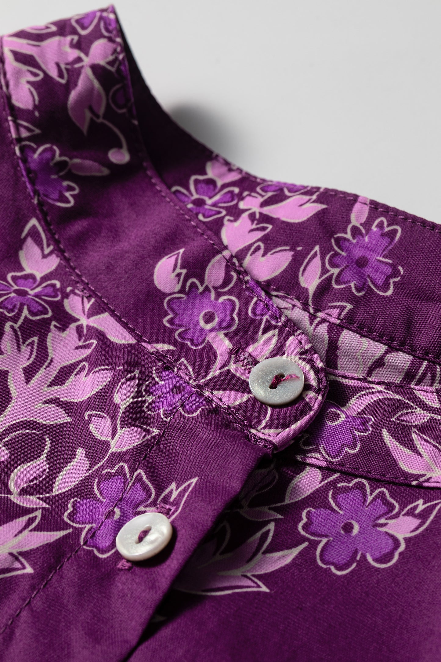 Purple Floral Print Button Front Long Puff Sleeve Shirt
