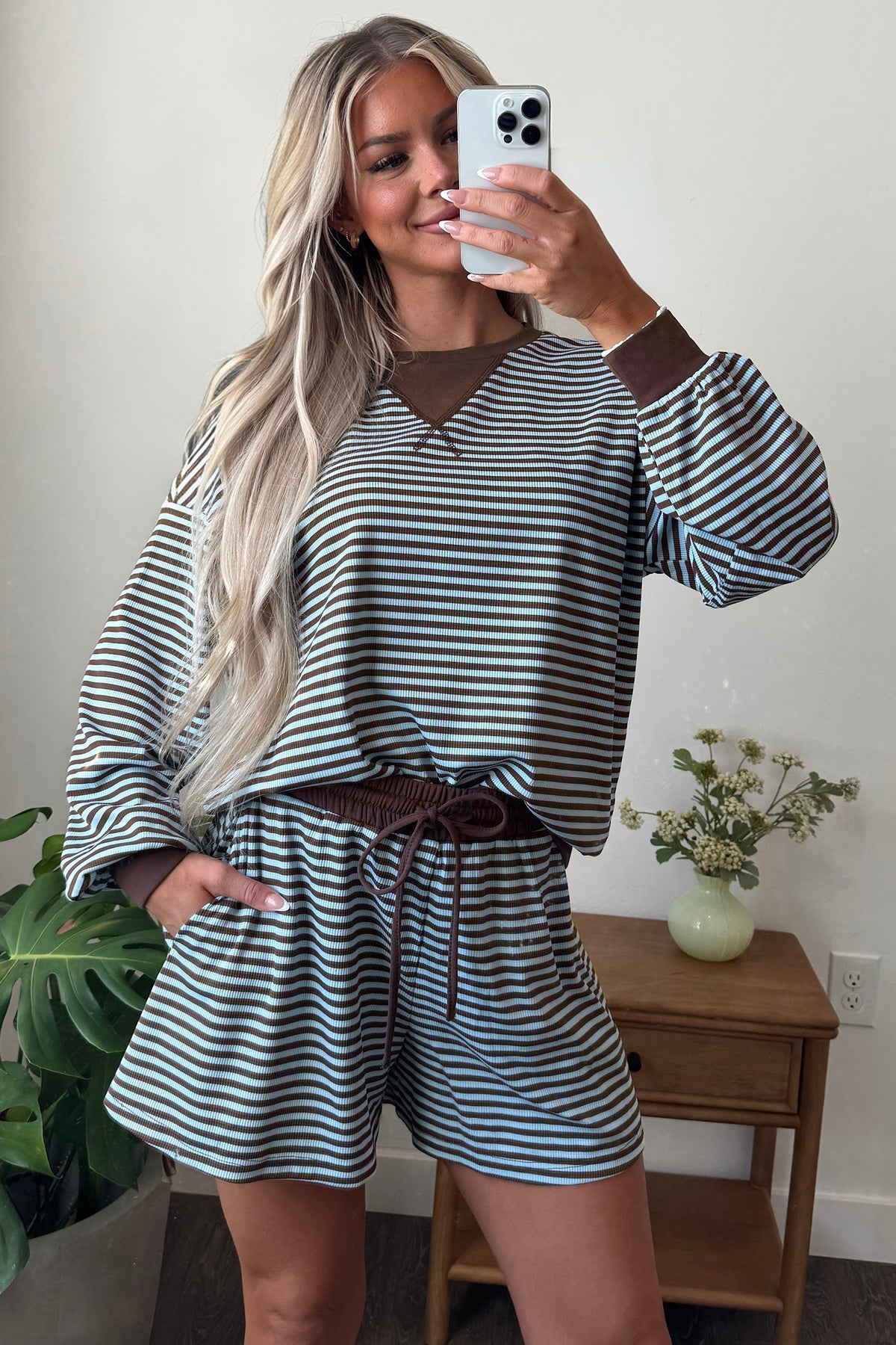 Blue Stripe Oversized Long Sleeve Top Drawstring Loose Shorts 2pcs Set