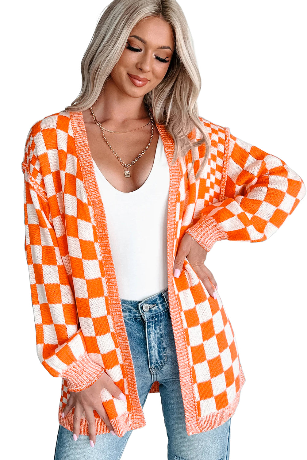 Brown Checkered Open Front Drop Shoulder Cardigan
