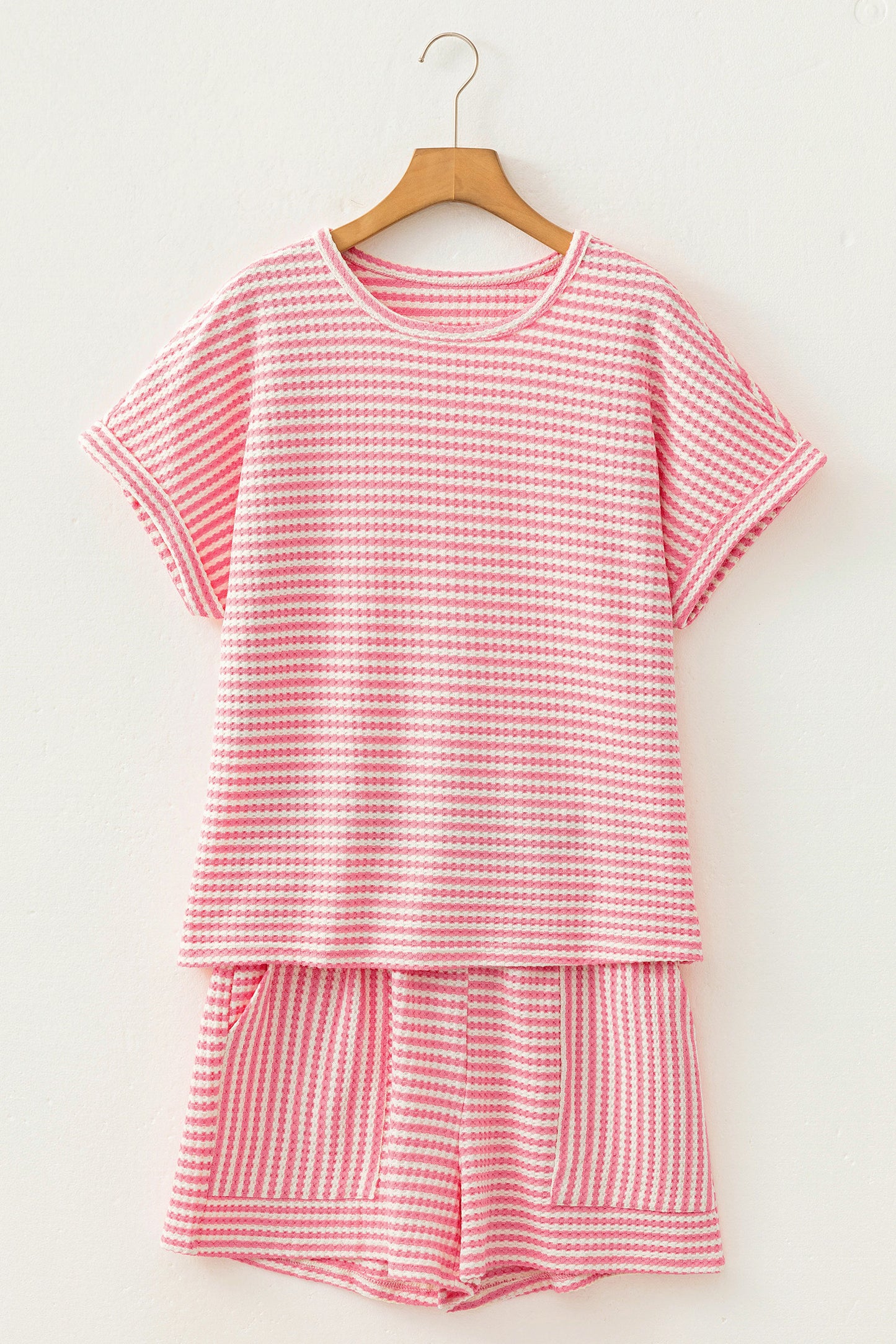 Black Stripe Breathable Textured Knit Short 2pcs Set