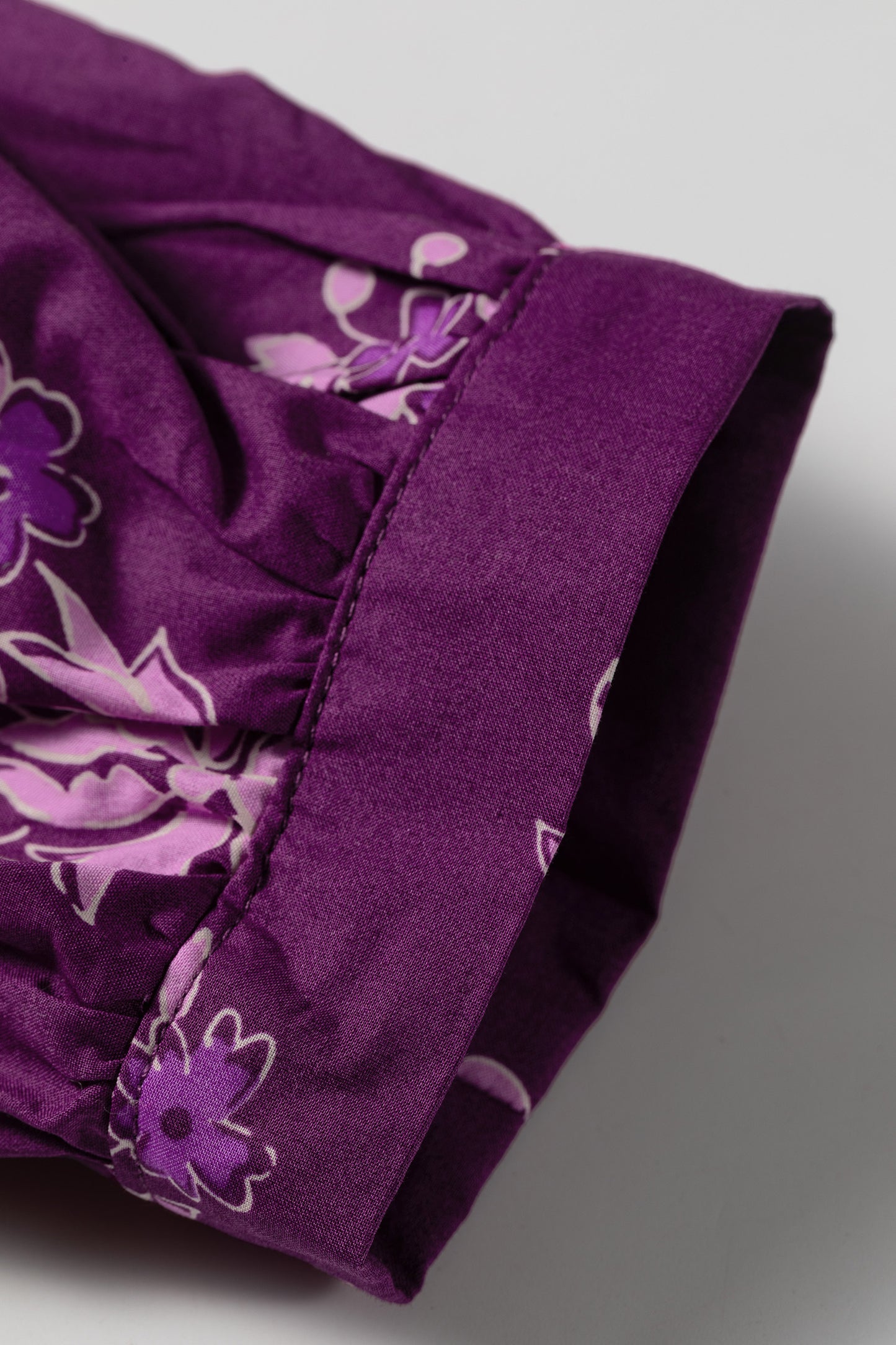 Purple Floral Print Button Front Long Puff Sleeve Shirt