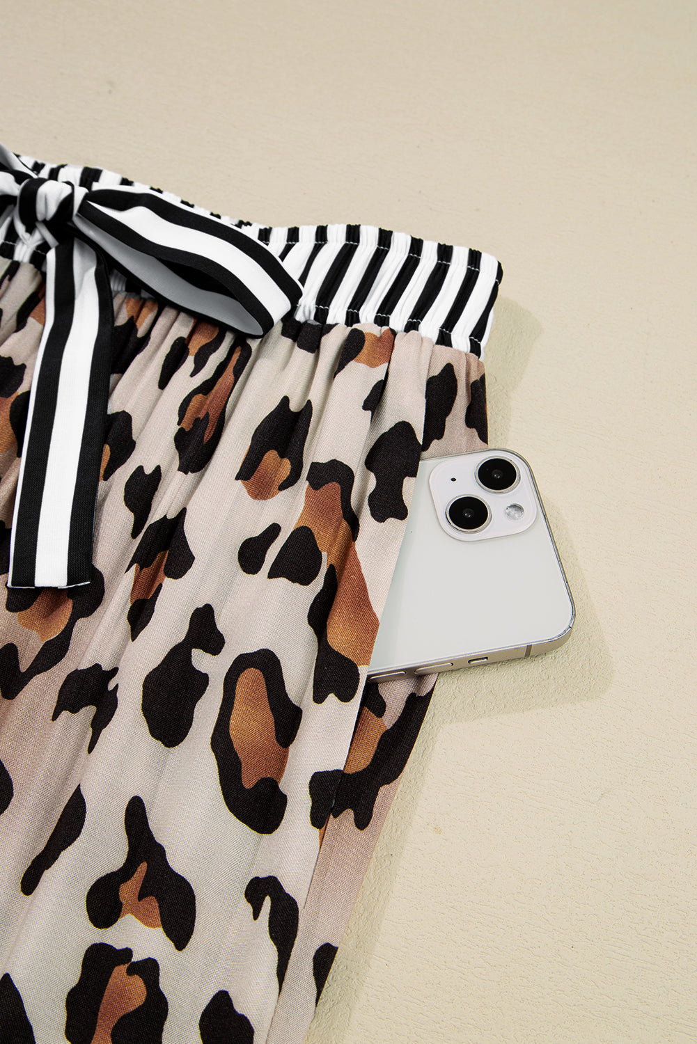 Khaki Leopard Print Colorblock Striped Patchwork Shirt and Pants Pajama Set