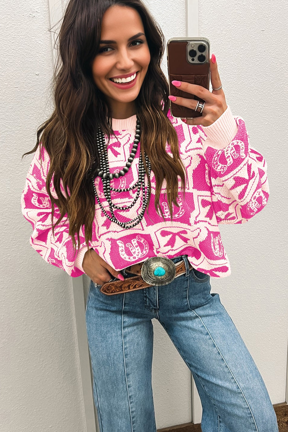 Brown Colorblock Bow Pattern Drop Sleeve Sweater