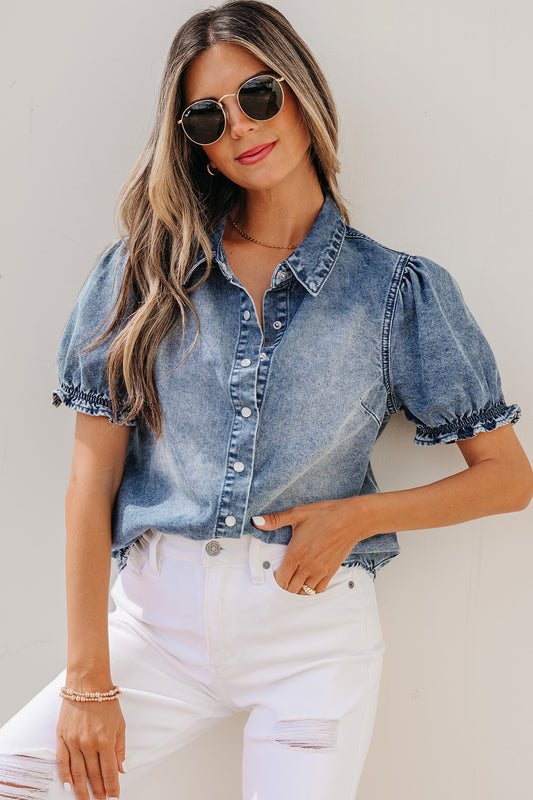 Ruffle Short Sleeve Snap Button Denim Shirt