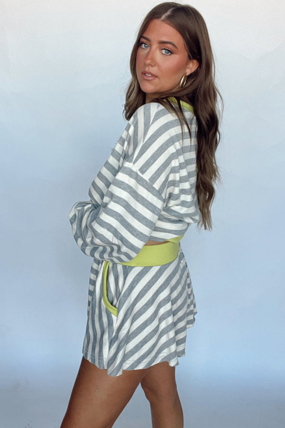 Gray Stripe Contrast Trim Long Sleeve Top and Shorts Set