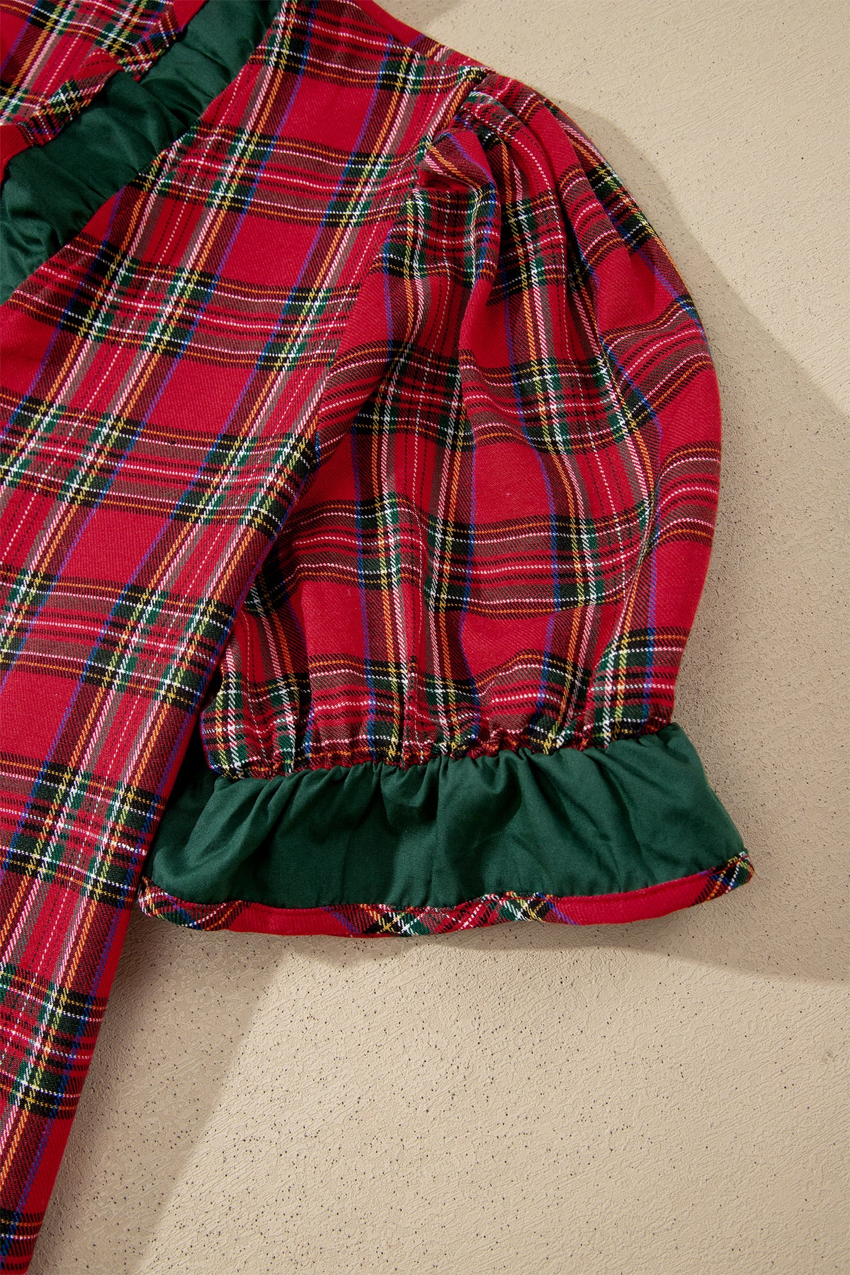 Mistletoe Lane Red Plaid V Neck Ruffle Color Block Trim Short Sleeve Shirt