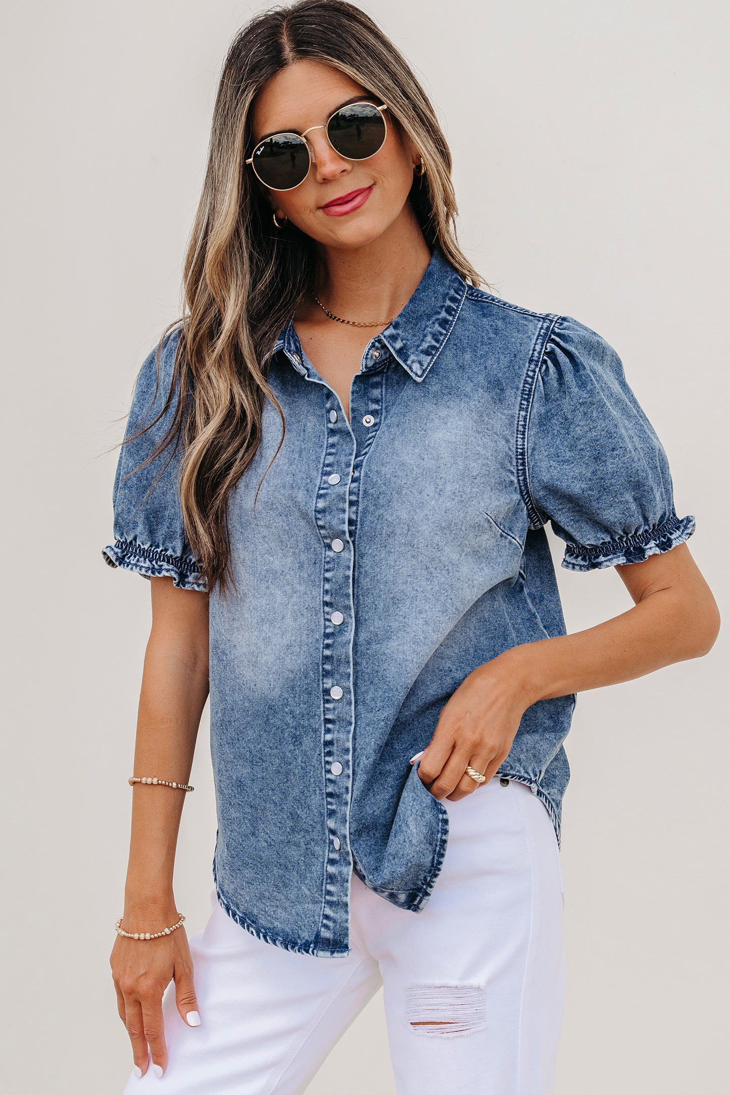 Ruffle Short Sleeve Snap Button Denim Shirt